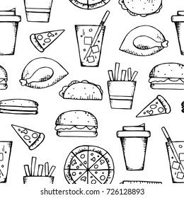 Hand-drawn fast-food seamless pattern. Illustration of lemonade, roasted chicken, fries,coffee, pizza, hamburger, hot-dog, burrito isolated on white background. Repeat backdrop for restaurant menu
