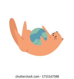 A hand-drawn fat red cat.  Cartoon plump cute pet playing with a ball shaped like the planet Earth. Colorful vector illustration on an isolated white background.