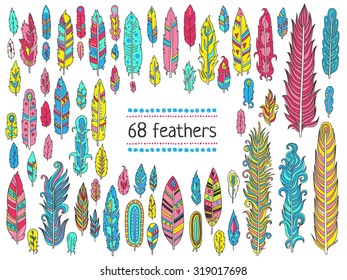 Hand-drawn feather collection. Vector colorful soft feather illustration set.