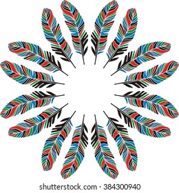 Hand-drawn feather frame pattern, pied print t-shirt, tribal pattern, ethnic ornament - stock vector. 