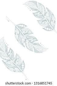 Hand-drawn feathers with doodle patterns. Hand draw illustration.