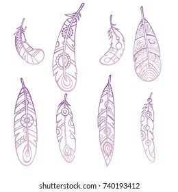 Hand-drawn feathers set. Cool sketch illustrations for your design. White background. Multi color.