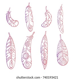 Hand-drawn feathers set. Cool sketch illustrations for your design. White background. Multi color.