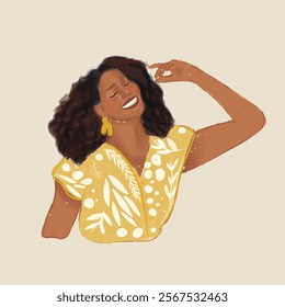 Hand-drawn featuring a beautiful, smiling woman with an amputation. Empowering and inclusive design for a feminist poster, print, or greeting card, celebrating strength, diversity