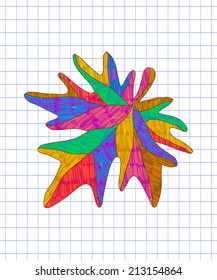 Hand-drawn felt pen imitation vector colorful maple leaf on checked paper 