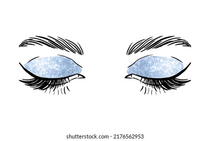 Ojos hembras dibujadas a mano con sombras azules. Ilustración del vector