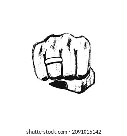 Hand-drawn female fist. Fist with a ring on the finger. Woman punch in grunge style. Vector illustration of a female hand as opposition, strength and struggle.