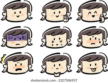 Hand-drawn female icons and face sets with various expressions