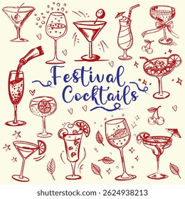 Hand-Drawn Festival Cocktails Illustration – Fun Party Drink Collection