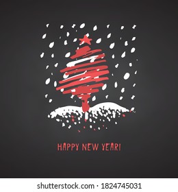 Hand-drawn festive Christmas and New Year card with holiday icon symbol tree and calligraphy greeting inscription. Black chalkboard background Vintage style, ink brush sketch. Vector illustration
