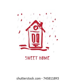 Hand-drawn festive Christmas and New Year card with holiday symbols house and calligraphic greeting inscription. Vintage style, ink brush sketch.