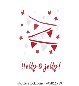 Hand-drawn festive Christmas and New Year card with holiday symbols flag and calligraphic greeting inscription. Vintage style, ink brush sketch.
