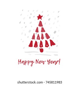 Hand-drawn festive Christmas and New Year card with holiday symbols tree and calligraphic greeting inscription. Vintage style, ink brush sketch.