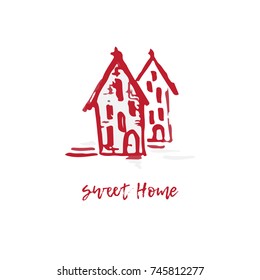 Hand-drawn festive Christmas and New Year card with holiday symbols house and calligraphic greeting inscription. Vintage style, ink brush sketch.