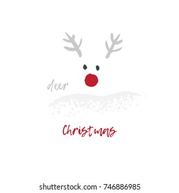 Hand-drawn festive Christmas and New Year card with holiday symbols deer, reindeer and calligraphic greeting inscription. Vintage style, ink brush sketch.