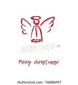 Hand-drawn festive Christmas and New Year card with holiday symbols angel and calligraphic greeting inscription. Vintage style, ink brush sketch.