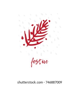 Hand-drawn festive Christmas and New Year card with holiday symbols tree and calligraphic greeting inscription. Vintage style, ink brush sketch.
