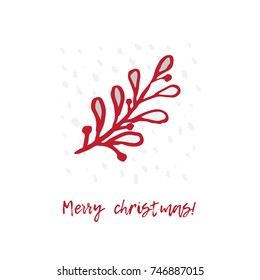 Hand-drawn festive Christmas and New Year card with holiday symbols tree and calligraphic greeting inscription. Vintage style, ink brush sketch.