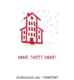 Hand-drawn festive Christmas and New Year card with holiday symbols house and calligraphic greeting inscription. Vintage style, ink brush sketch.