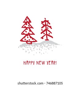 Hand-drawn festive Christmas and New Year card with holiday symbols tree and calligraphic greeting inscription. Vintage style, ink brush sketch.