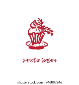 Hand-drawn festive Christmas and New Year card with holiday symbol cake, cupcake and calligraphic greeting inscription. Vintage style, ink brush sketch.