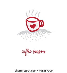 Hand-drawn festive Christmas and New Year card with holiday symbols cup of coffee, chocolate, cocoa and calligraphic greeting inscription. Vintage style, ink brush sketch.