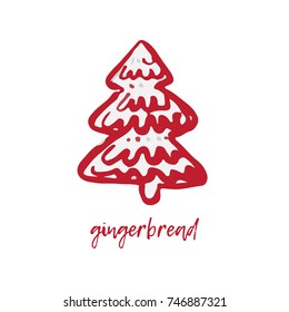 Hand-drawn festive Christmas and New Year card with holiday symbols gingerbread tree and calligraphic greeting inscription. Vintage style, ink brush sketch.