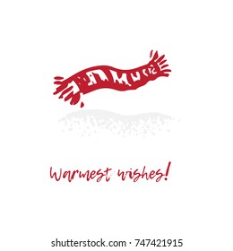 Hand-drawn festive Christmas and New Year card with holiday symbols knitted scarf and calligraphic greeting inscription. Vintage style, ink brush sketch.
