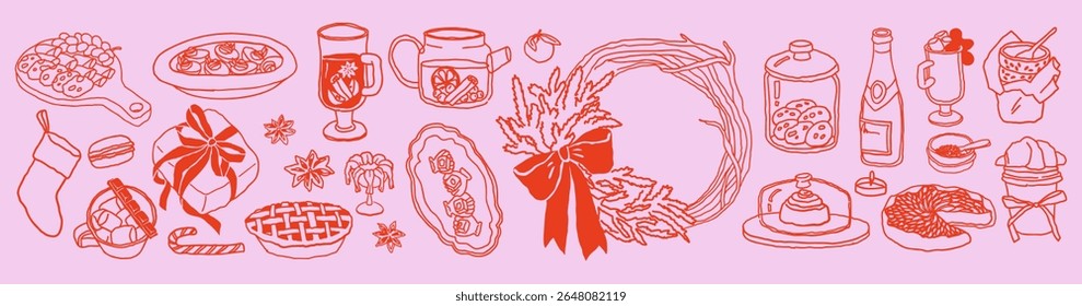 Hand-drawn festive elements in whimsical sketch style. Cozy Christmas food, drinks, decorations for planners, greeting cards, recipe visuals, and holiday design projects.	