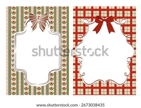 Hand-drawn festive frames with heart and ribbon accents, featuring cozy stripe and check backgrounds in red, green, and cream. Perfect for holiday greetings, gift tags, or printable invitations.