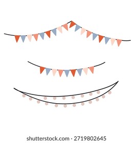 Hand-drawn festive garland elements with flags and LED lights. Designed to decorate a holiday, birthday, wedding, or other event.
