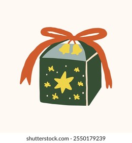 Hand-drawn festive gift box with ribbon and star design. Vector hand drawn illustration in freehand style