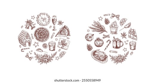 Hand-drawn festive holiday treats and Christmas decorations illustration