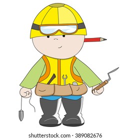 Hand-drawn figure builder with working tools. Perfect vector illustrations for children's books, printing on T-shirts, posters, design element, the pictures to kindergarten
