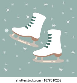 Hand-drawn figure skates. Winter holiday theme. Isolated on a blue background with snowflakes. Vector illustration.