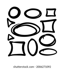 Se establecen cifras hechas a mano. Círculos, cuadrados, óvalos, triángulos, abstractos. Color blanco y negro. Ilustración vectorial en un fondo aislado.