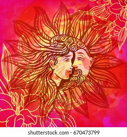 Hand-drawn filigree object symbolizing harmony. sun and moon Union. Floral pattern in boho style. Elegant beautiful tattoo tribal mascot.Vector handcrafted watercolor background