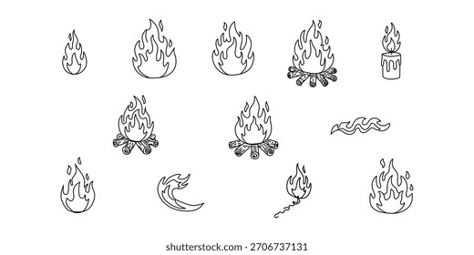 Handgezeichnete Feuer- und Flammendoodle-Sammlung | Niedliche Brennelemente, Funken, Hitzewellen und Lagerfeuer-Symbole für kreative Designs"