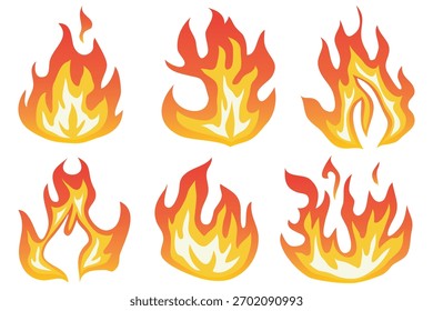 Coleção de ícones de fogo desenhados à mão. Ativar Conjunto de Ícones. Esboços de garatujas de fogo desenhados à mão, imagens coloridas. Símbolos de fogo simples.