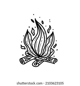 Fuego hecho a mano. Fuego y troncos. Estilo de dibujo de Doodle. Dibujar una línea de un simple icono de fogata. Ilustración vectorial aislada.