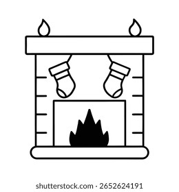 Handdrawn fireplace with flames two hanging Christmas stockings two flame shapes