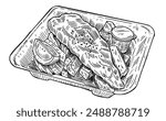 Hand-drawn Fish and Chips with Lemon Wedges and Tartar Sauce in a Takeaway Box