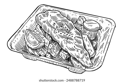 Hand-drawn Fish and Chips with Lemon Wedges and Tartar Sauce in a Takeaway Box