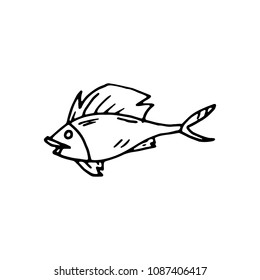 Handdrawn fish doodle icon. Hand drawn black sketch. Sign symbol. Decoration element. White background. Isolated. Flat design. Vector cartoon illustration.