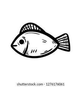 Handdrawn fish doodle icon. Hand drawn black sketch. Sign symbol. Decoration element. White background. Isolated. Flat design. Vector illustration.