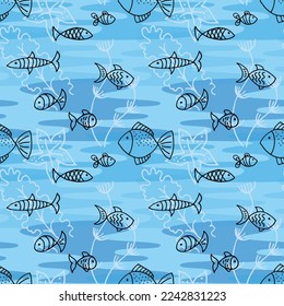 Hand-drawn fish on a blue background. Vector seamless pattern.