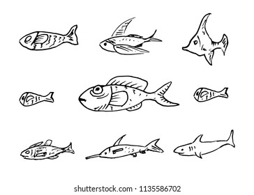 Handdrawn fish set doodle icon. Hand drawn black sketch. Sign cartoon symbol. Decoration element. White background. Isolated. Flat design. Vector illustration.