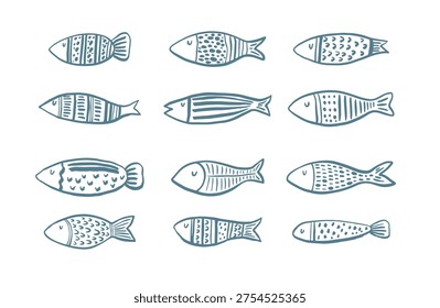 Hand-drawn fish set. Flat vector illustration on a white background.