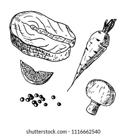 Hand-drawn fish steak. Vector cartoon foods. Elements of menu. Isolated sketches on a white background.