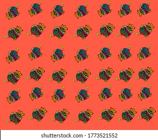 Hand-drawn fish in a system lined up multi-colored with an apple on a bright coral background. Vector background in floral style for textile and packaging design.